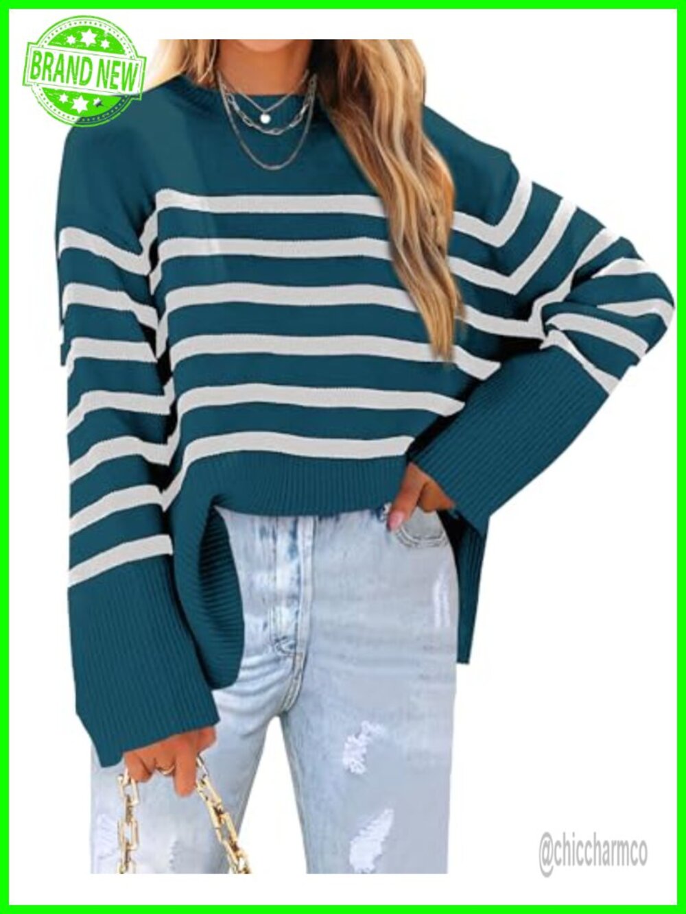Oversized Striped Long Sleeve Knit Pullover Sweater Side Slit Crewneck Women